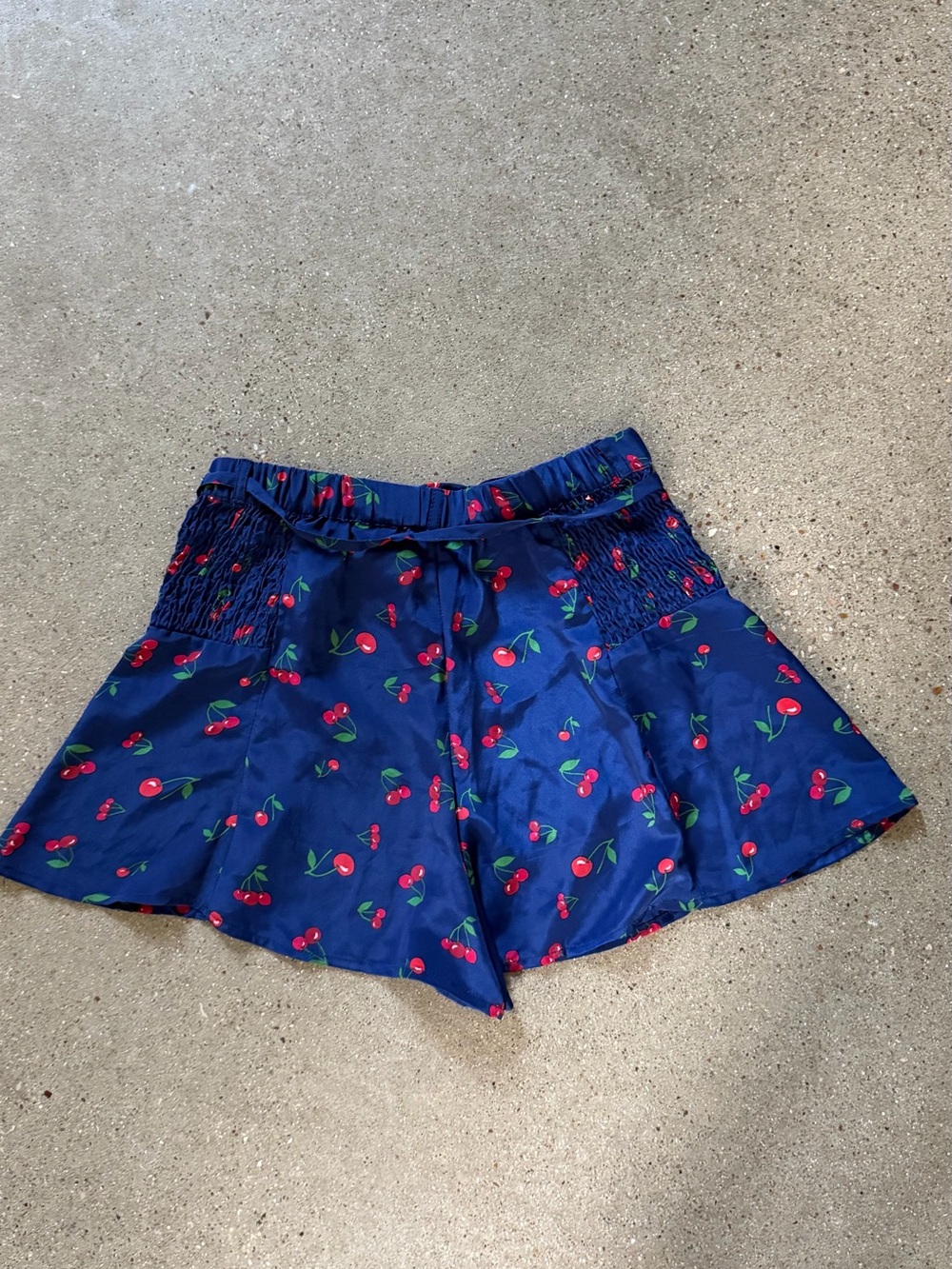 Navy Cherry Print Satin Skirted Shorts